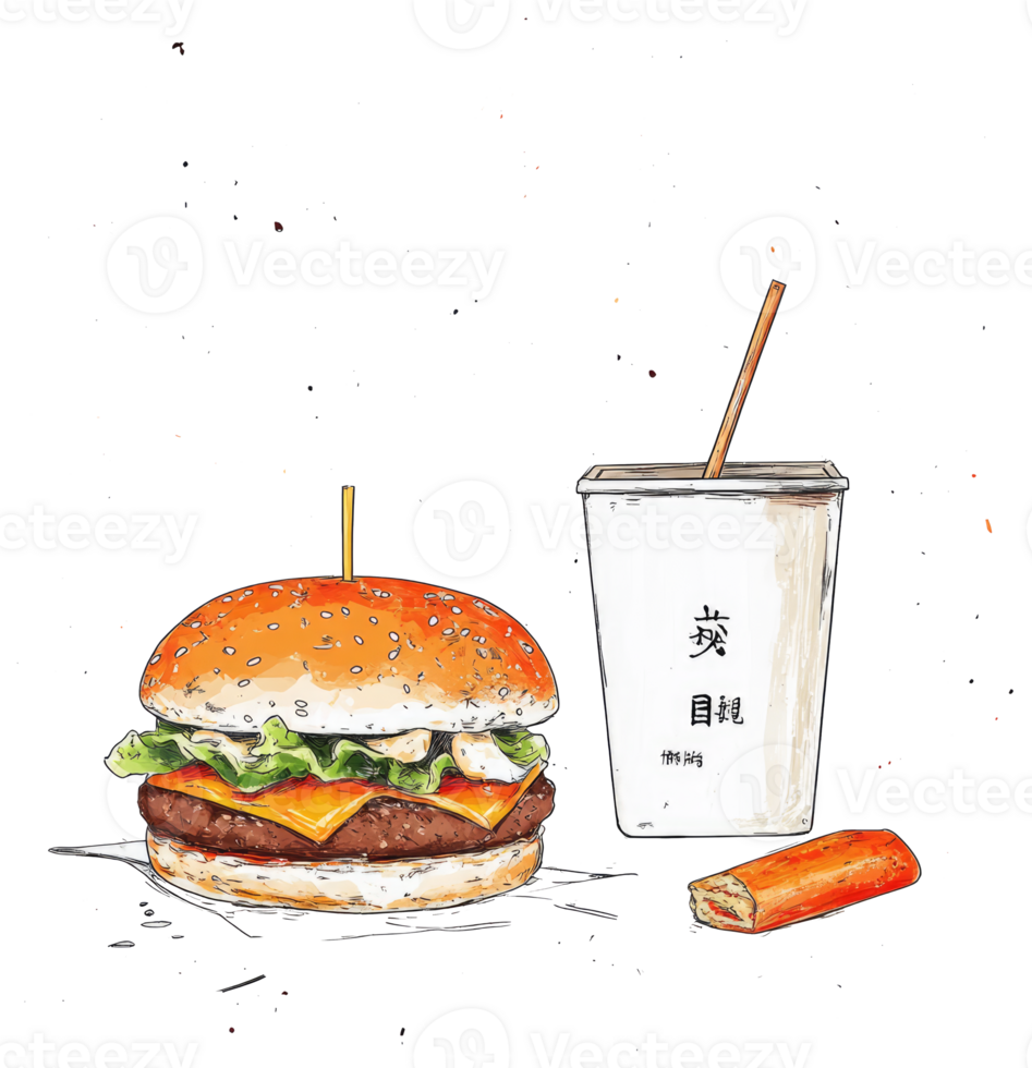 A delicious hand drawn burger meal with drink and side png