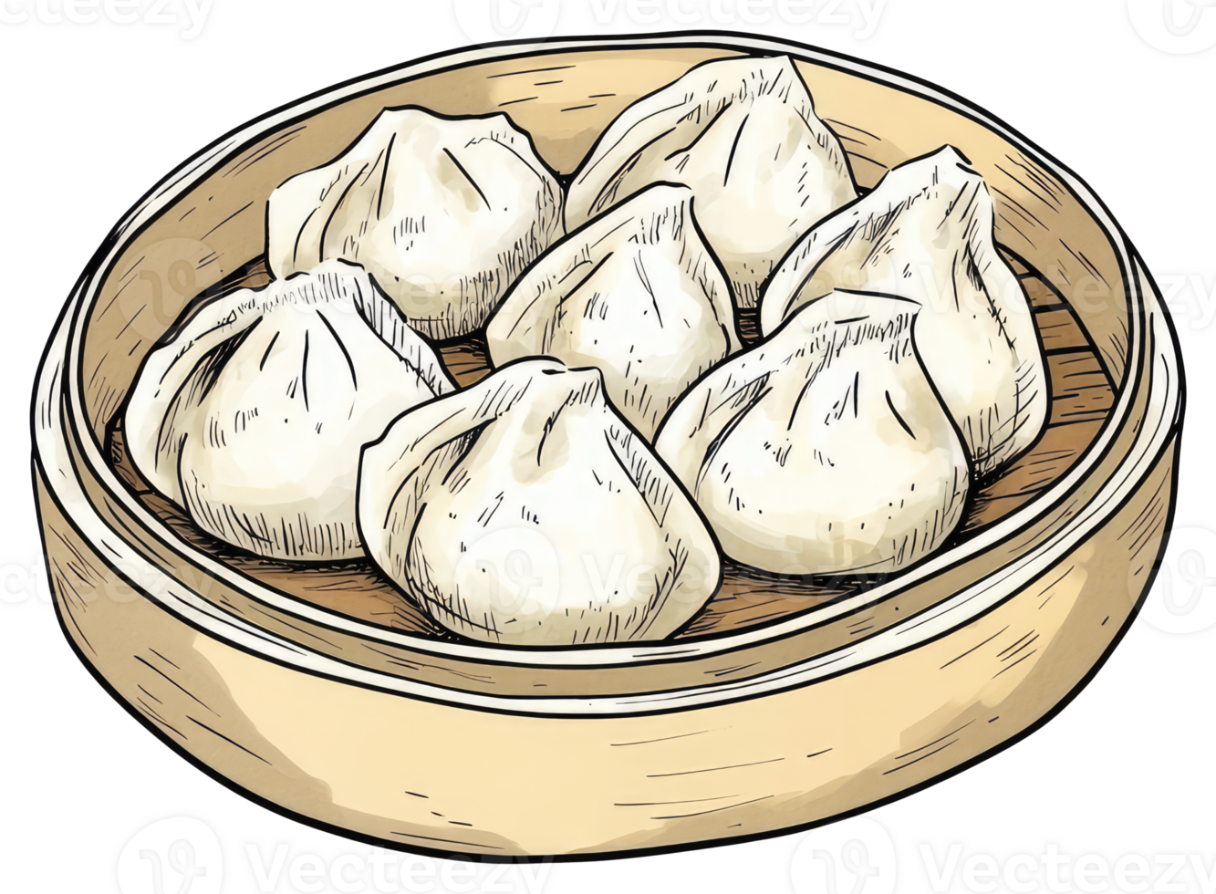 Seven dumplings inside a wooden steamer basket appear freshly made png