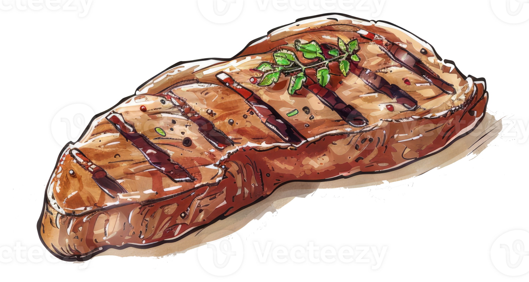 A grilled steak adorned with herbs and pepper depicted in art png