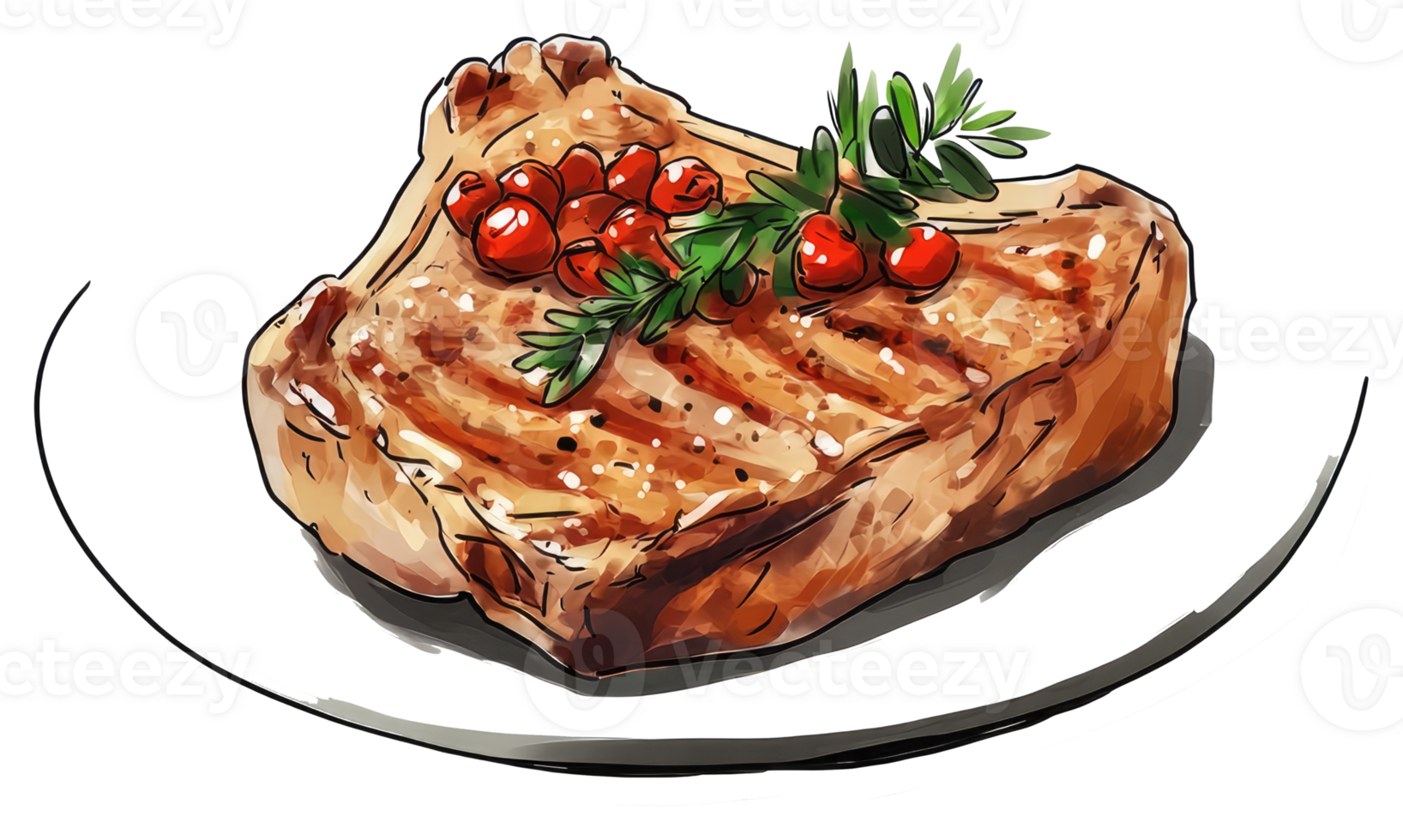 Deliciously Grilled Steak Decorated with Herbs and Red Berries on a Plate png