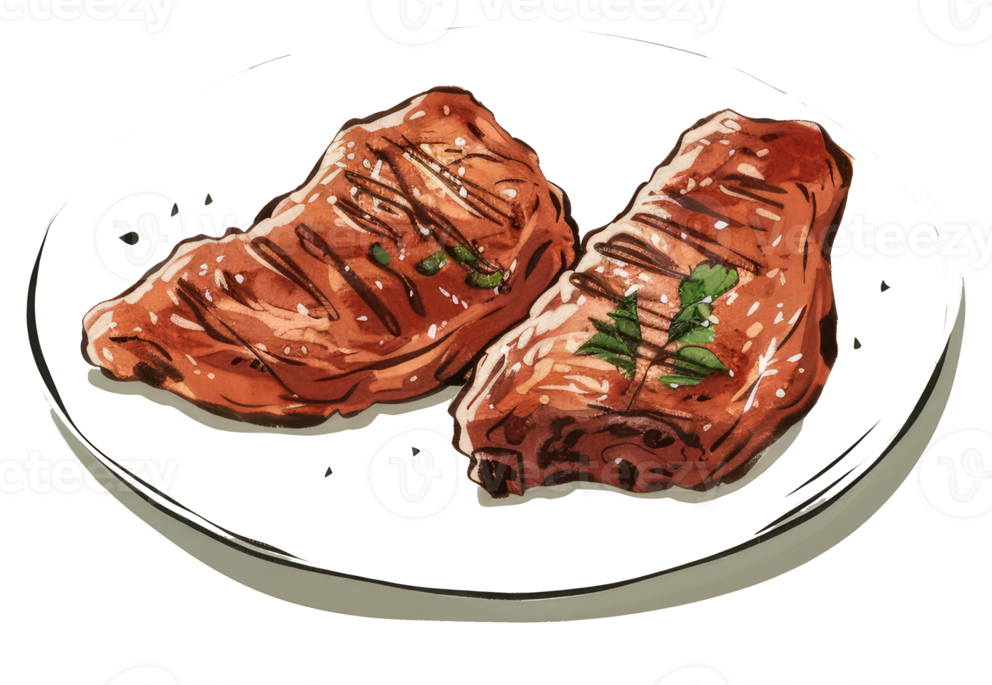 Two cooked steaks are presented artistically on a white plate png