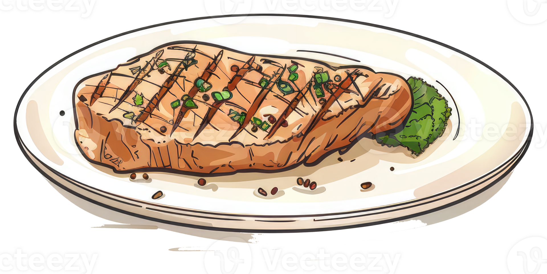 A grilled steak with herbs presented on a white plate png