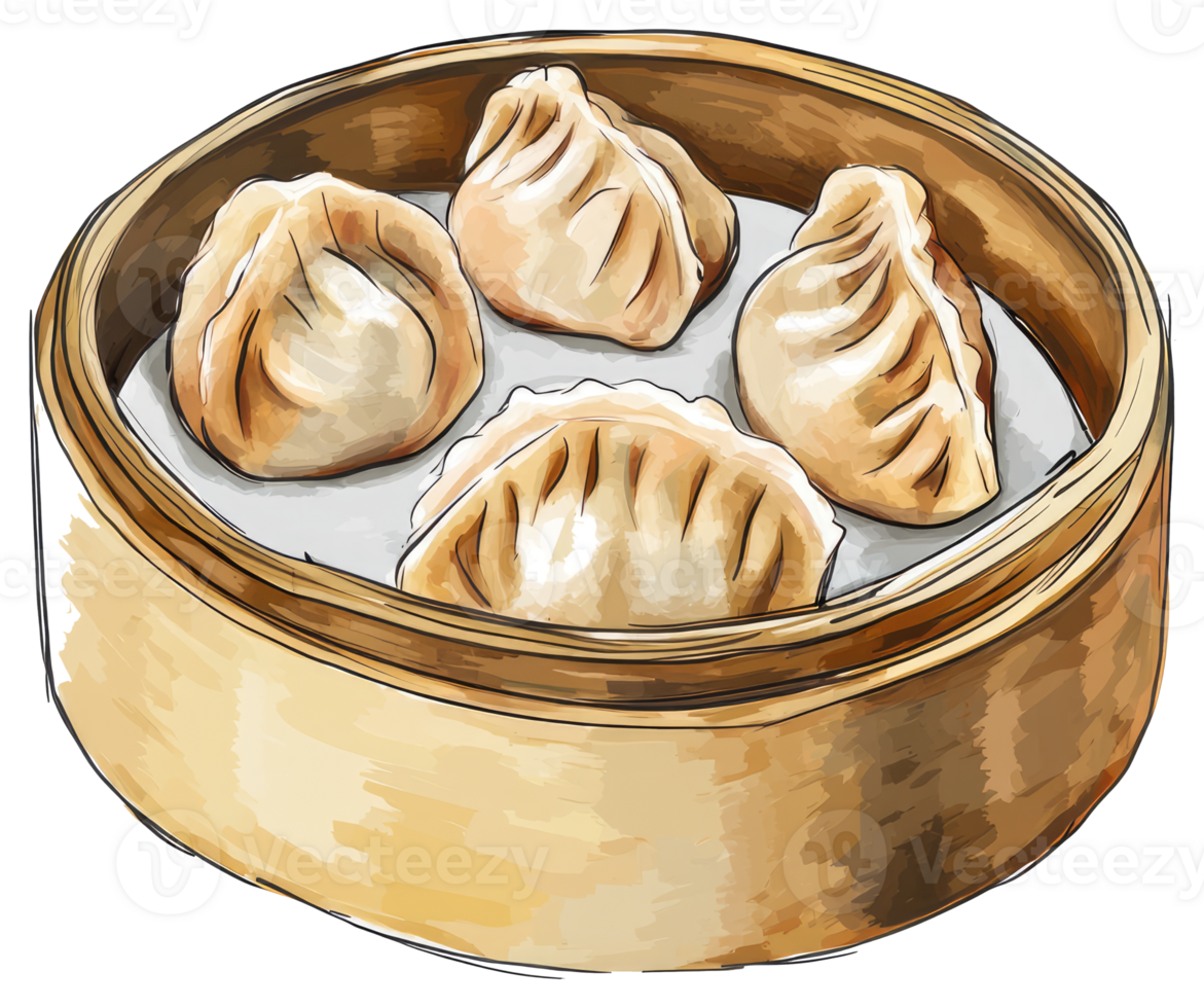 Four Steamed Dumplings Inside A Bamboo Steamer Basket png