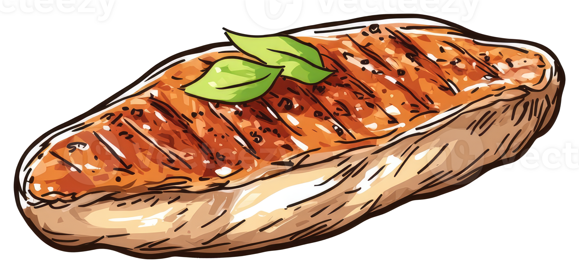 A grilled chicken breast with some garnish and fresh basil leaves png