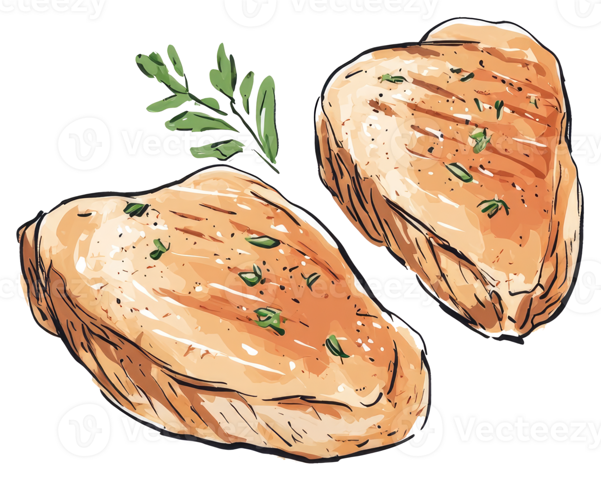 Two cooked chicken breasts with herbs isolated on white background png