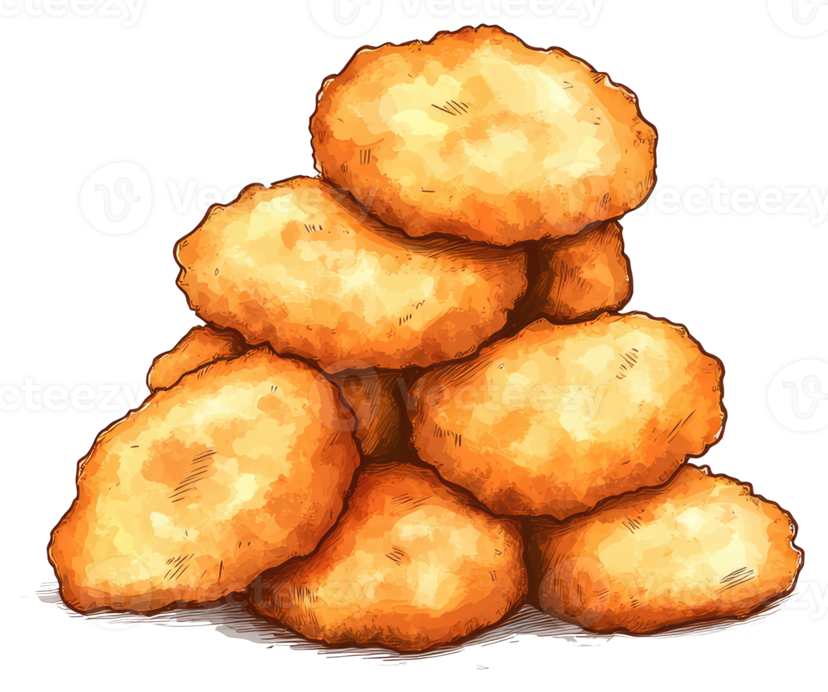 Several crispy golden fried chicken nuggets are stacked together png