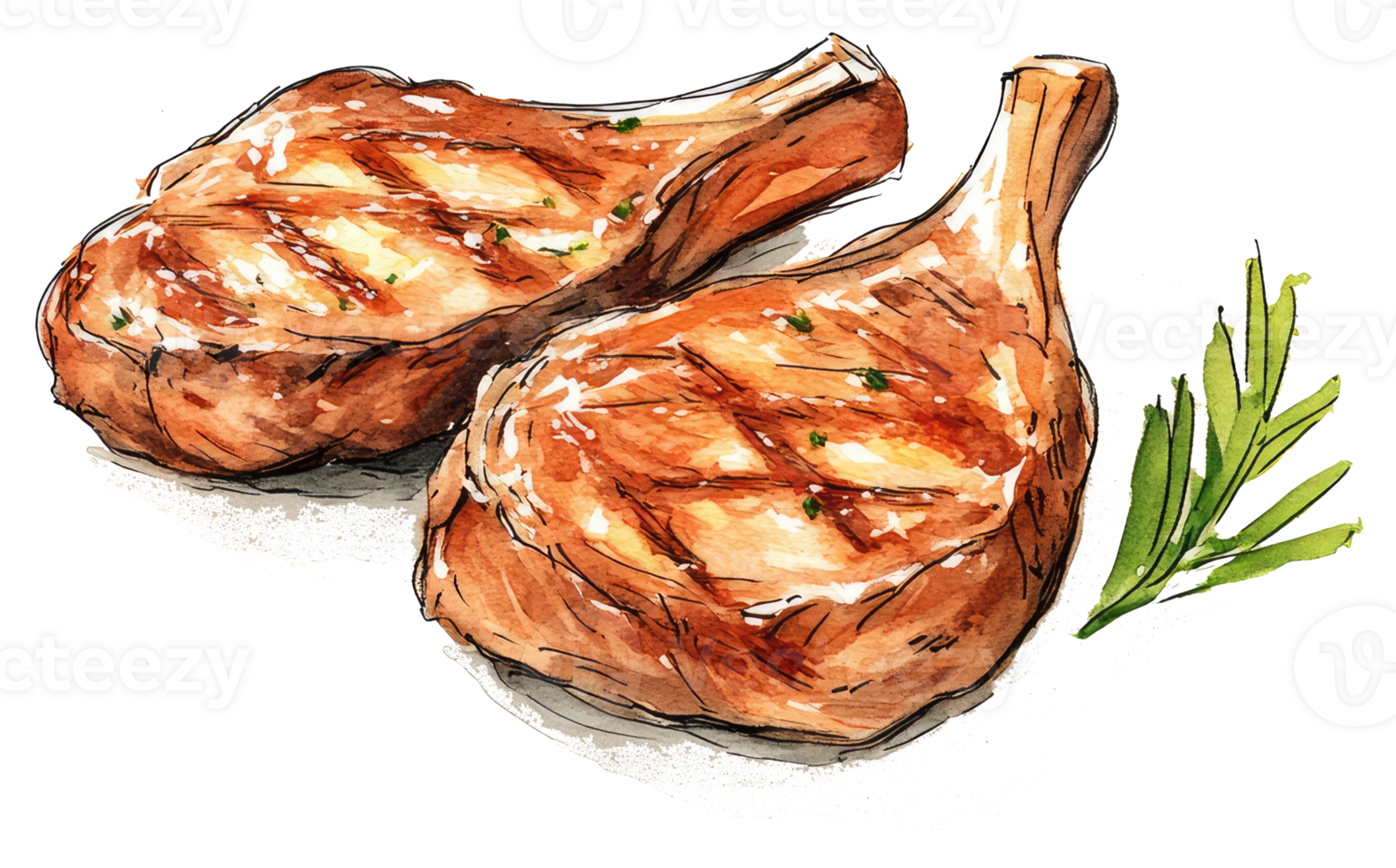 Two grilled meat chops with herb garnish on white background png