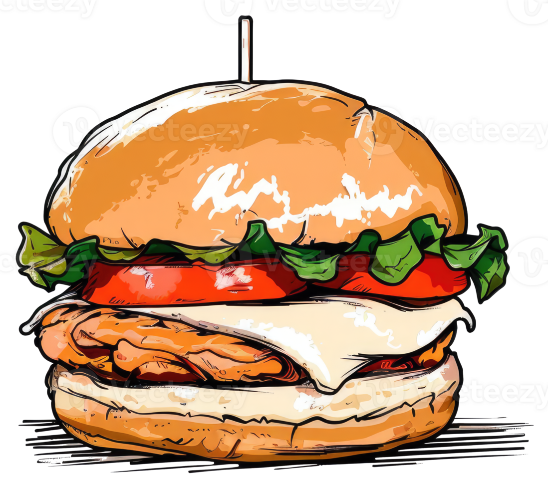 A delicious illustrated burger with fresh ingredients and a toothpick png