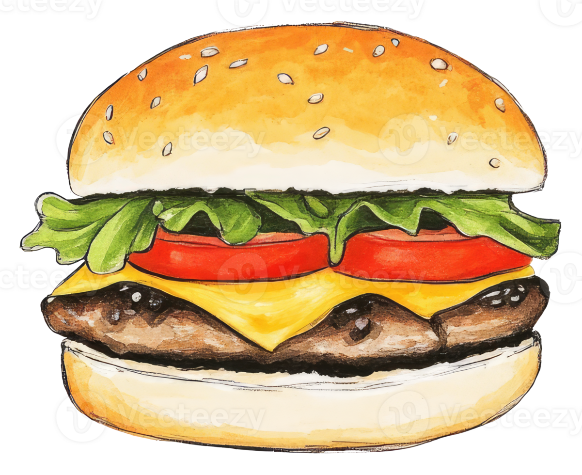 A delicious watercolor illustration of a stacked cheeseburger sandwich png