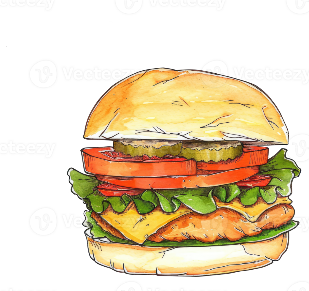 A watercolor depiction of a delicious chicken sandwich png