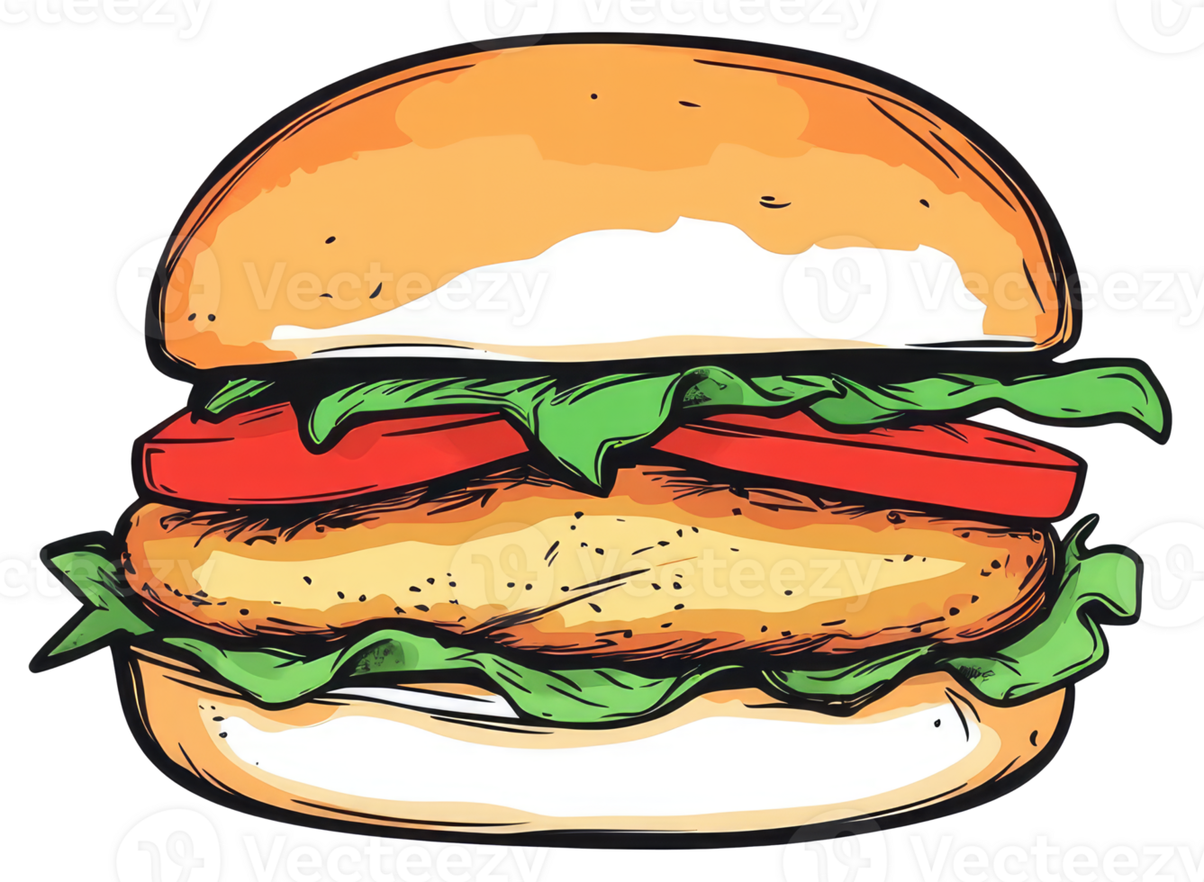 A delicious illustration of a burger with fresh vegetables and bun png