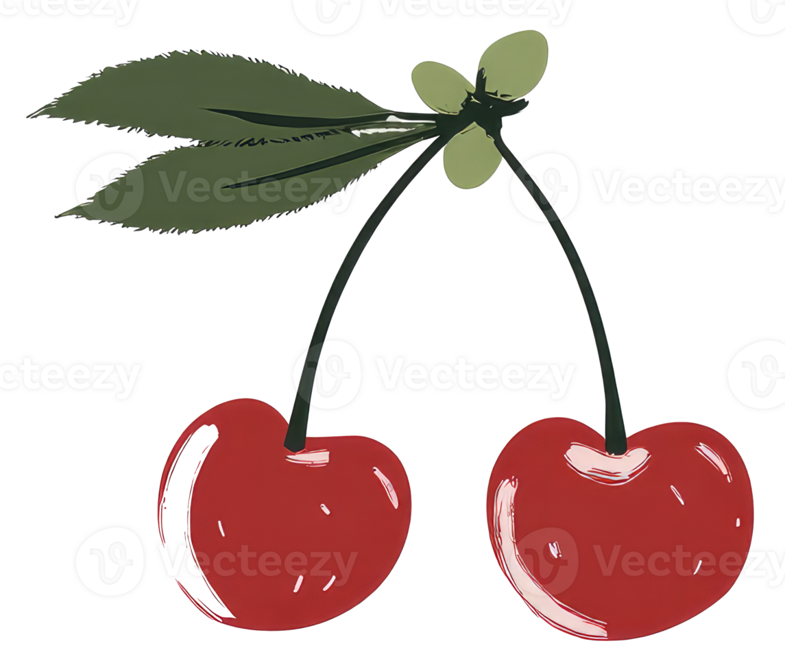 Two ripe red cherries attached to a green leafy stem png