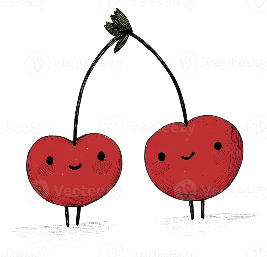 Two adorable red cherries with happy faces and cute small legs png
