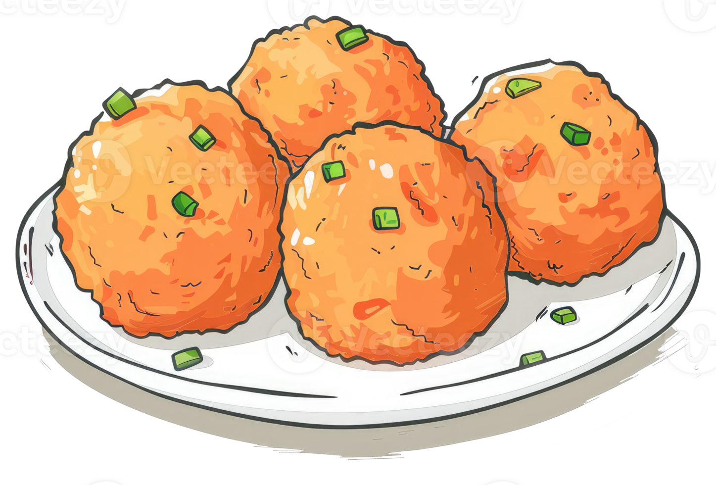 Four golden brown food spheres are placed on a white plate png