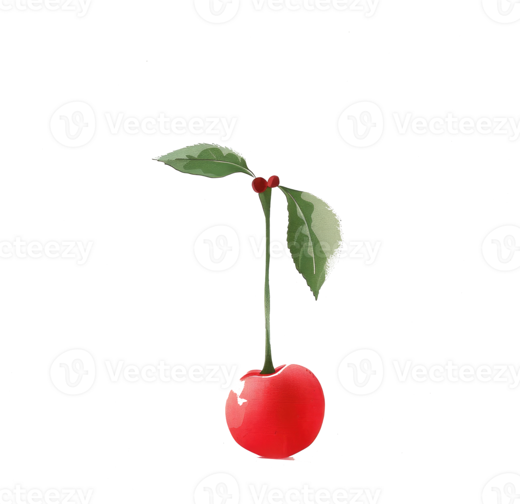 A single red cherry with green leaves and a stem png