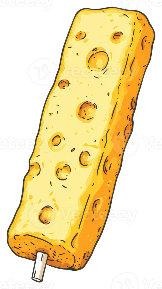 Cartoon drawing depicting a cheese block on a wooden stick png