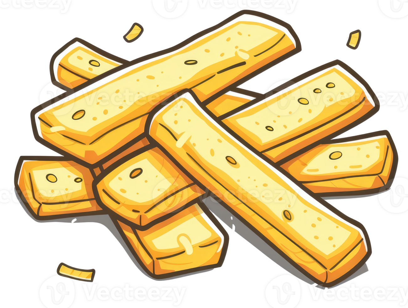 Several golden rectangle shaped snacks are piled together in illustration png
