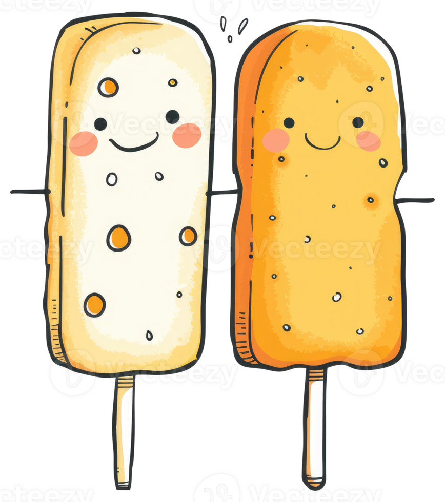 Two happy cartoon snacks on sticks are holding hands together png