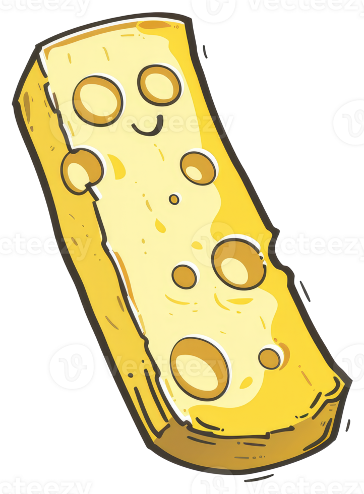 A smiling animated illustration of a yellow cheese wedge with holes png