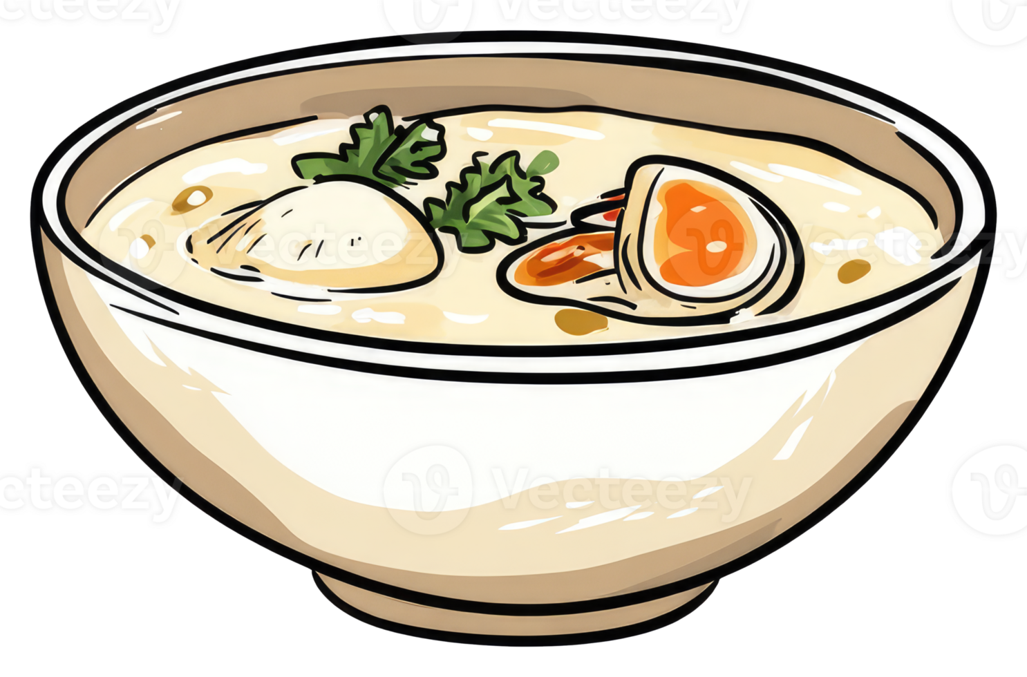 Creamy soup filled with delicious ingredients in a ceramic bowl png