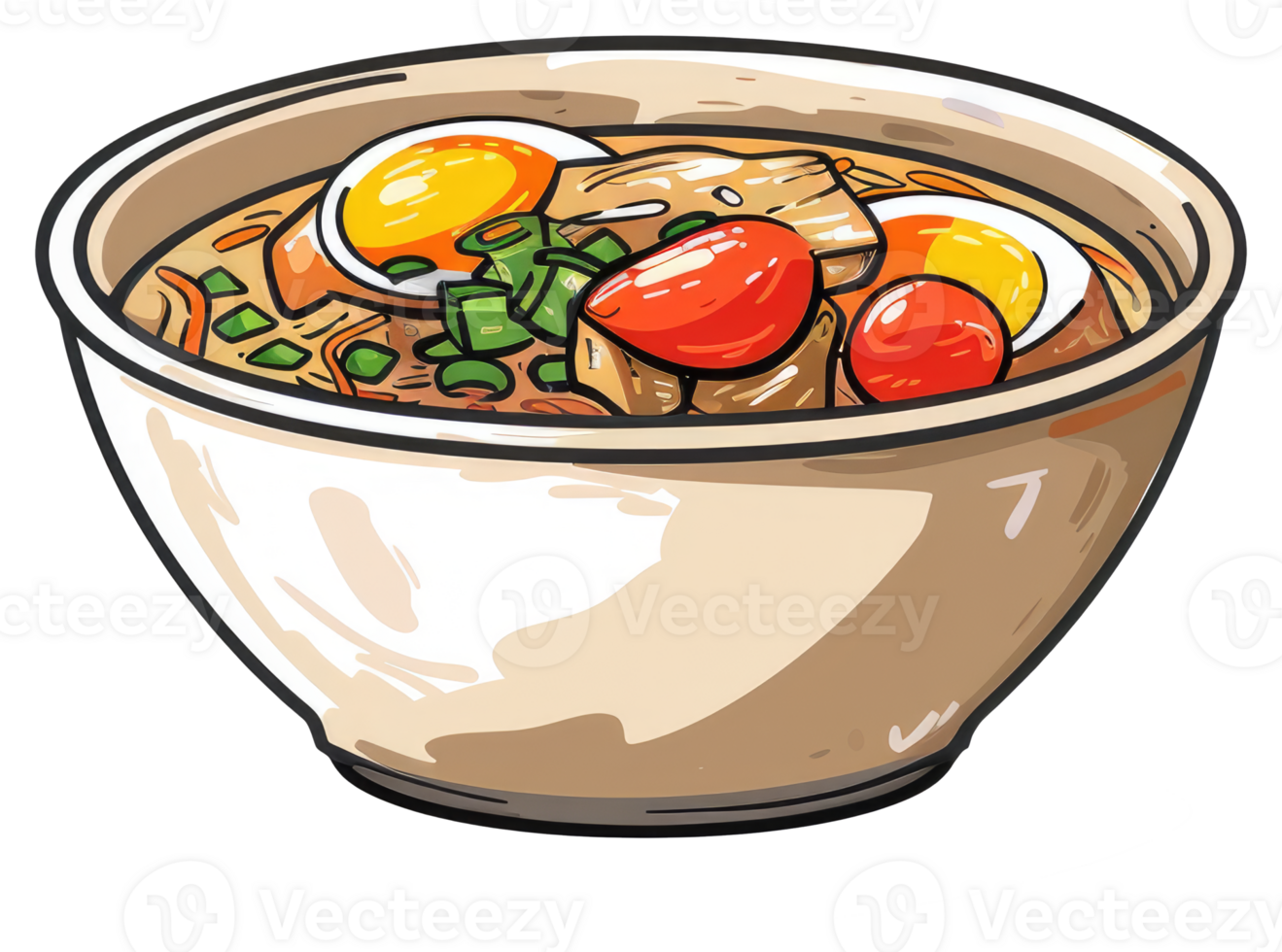 A Bowl Of Ramen Soup With Vegetables And Boiled Eggs png