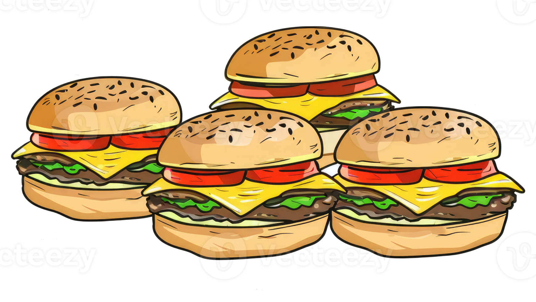 Four stacked cheeseburgers with tomato lettuce and melted cheese png