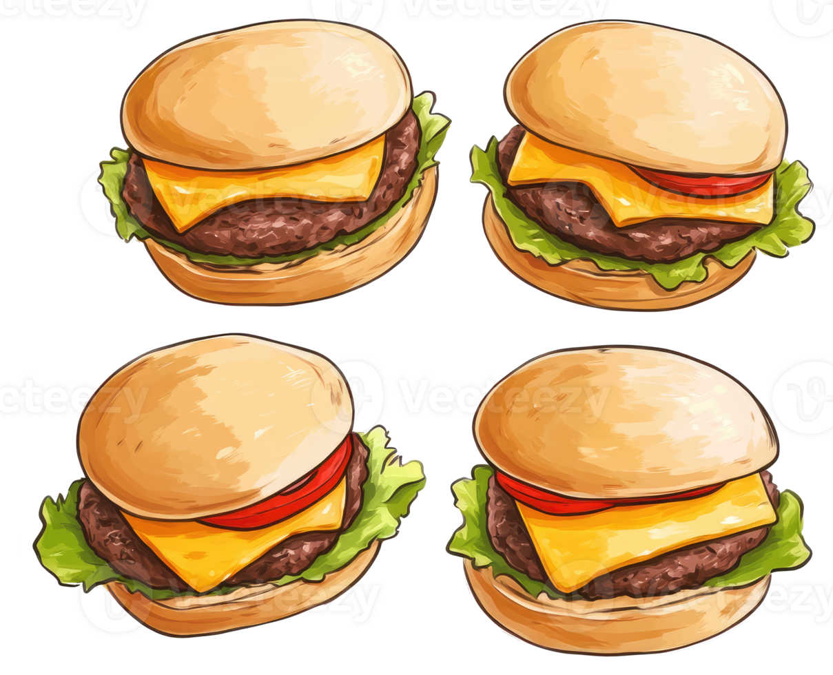 Four delicious cartoon cheeseburgers are arranged against a white background png