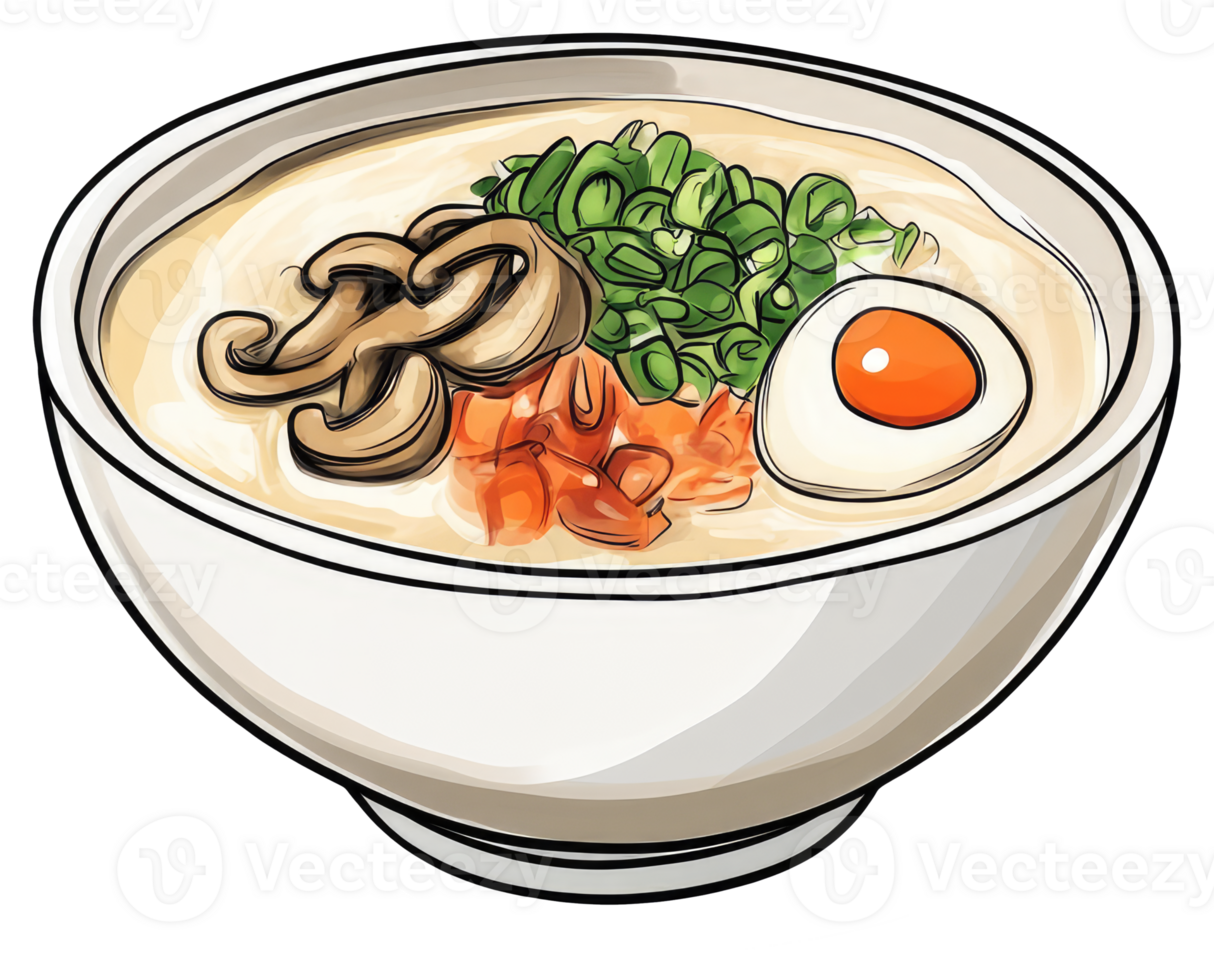 A bowl of ramen soup with various tasty and fresh toppings png
