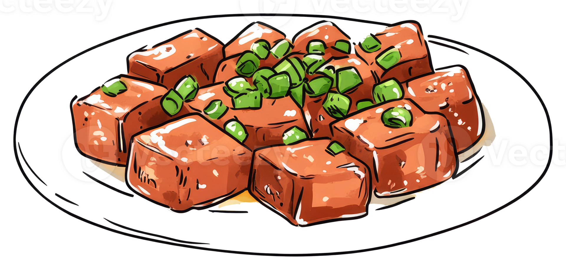 Cubed food items with green herbs served on a white plate png