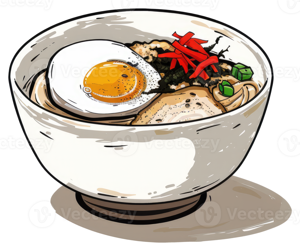 A delicious bowl of ramen with a soft boiled egg present png