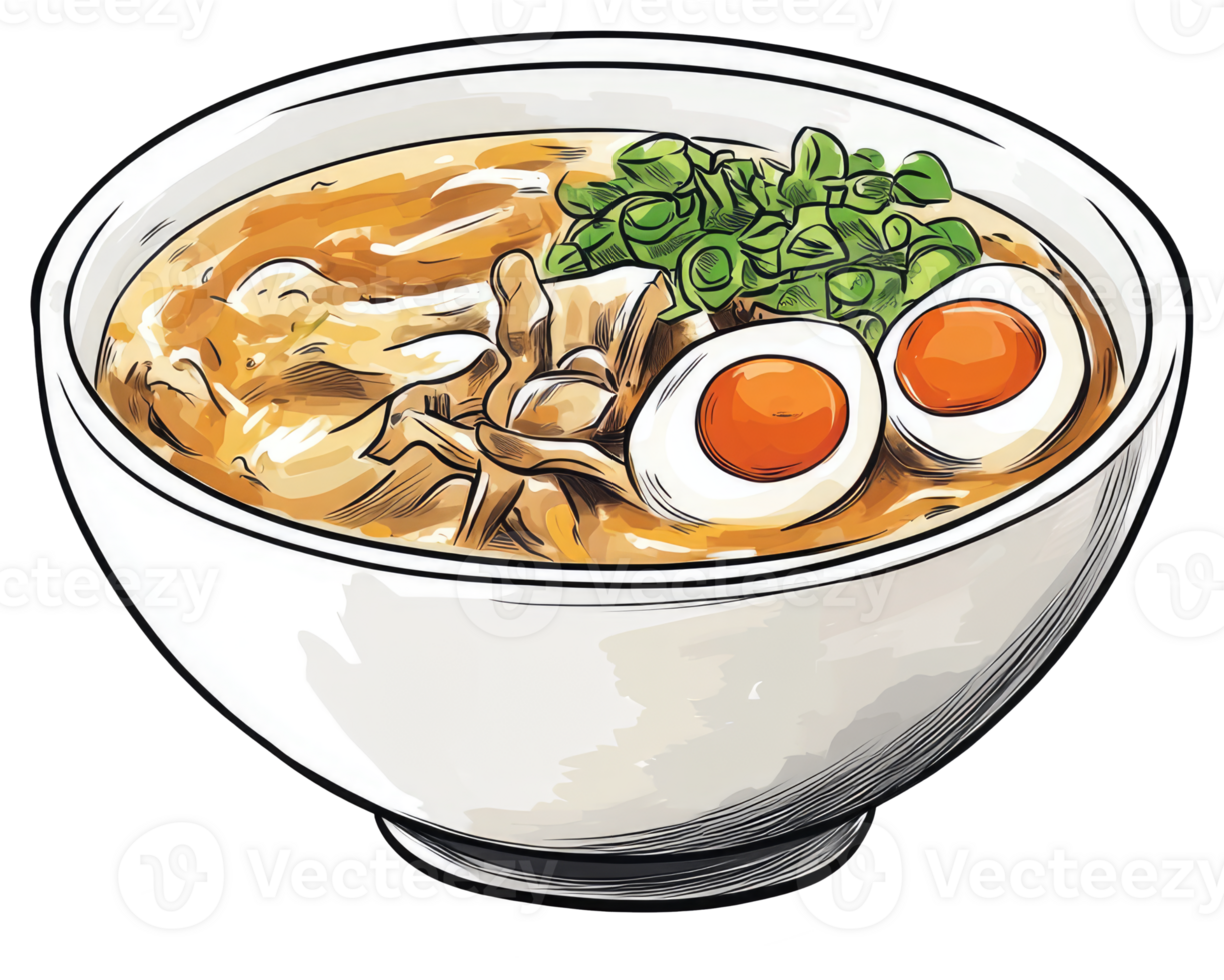 A delicious serving of flavorful ramen in a white bowl png