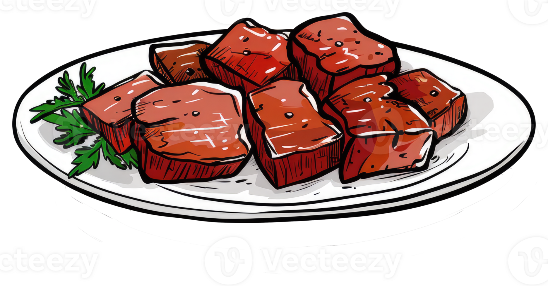 Cooked meat cubes served on a white plate with green garnish png