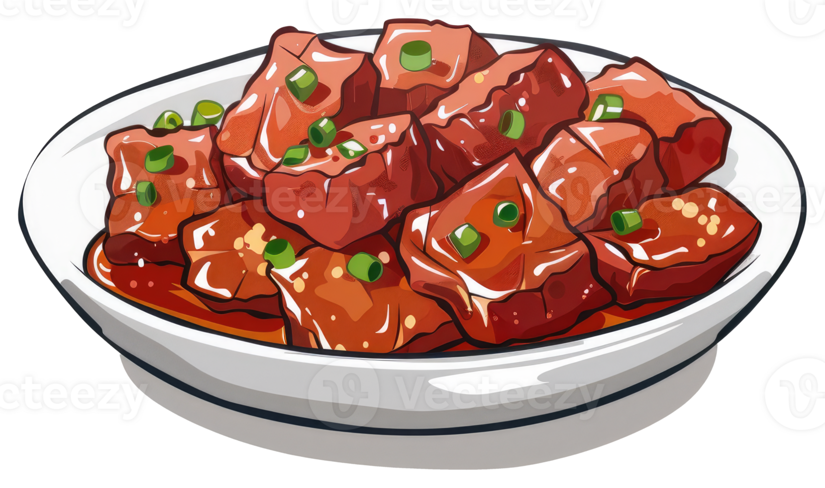 Cubed meat dish garnished with green onion served on a plate png
