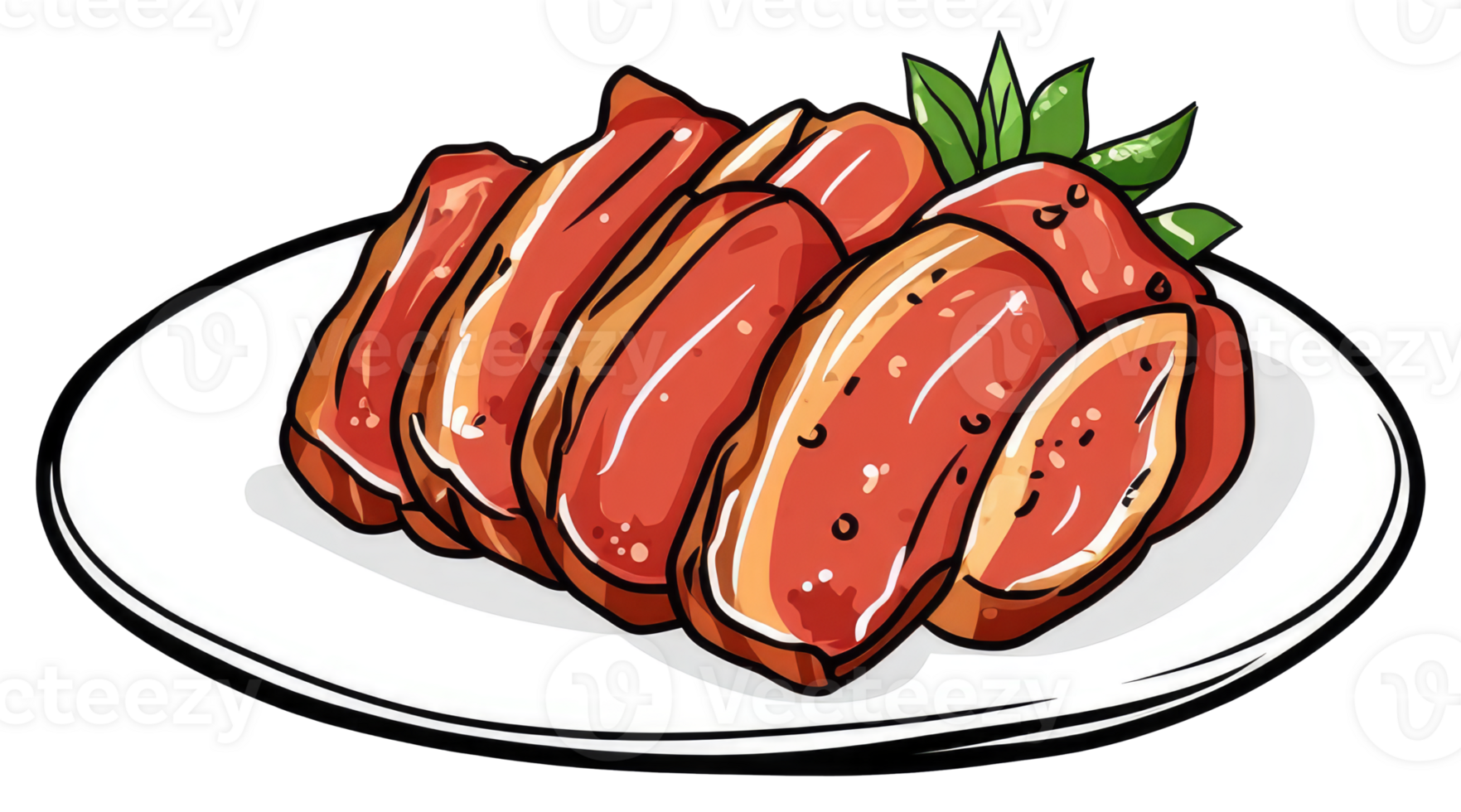 Cooked meat slices arranged on a white plate with greens png