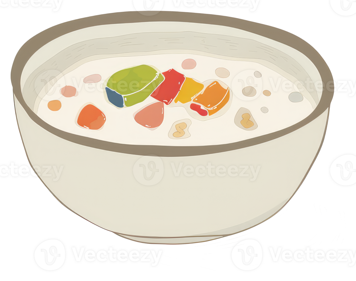A bowl of colorful dessert with various toppings and sweet cream png