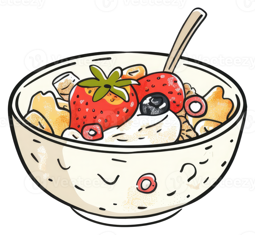 A decorated bowl of healthy cereal with various fruits and a spoon png