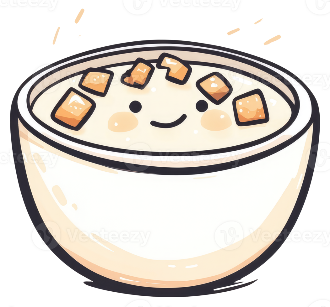 A cheerful bowl of creamy soup with tasty croutons smiling png