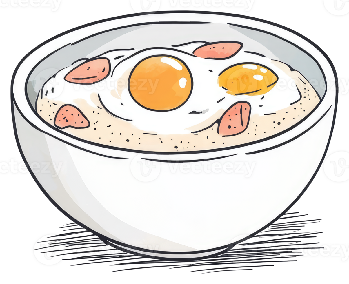 A white bowl contains rice topped with eggs and meat png