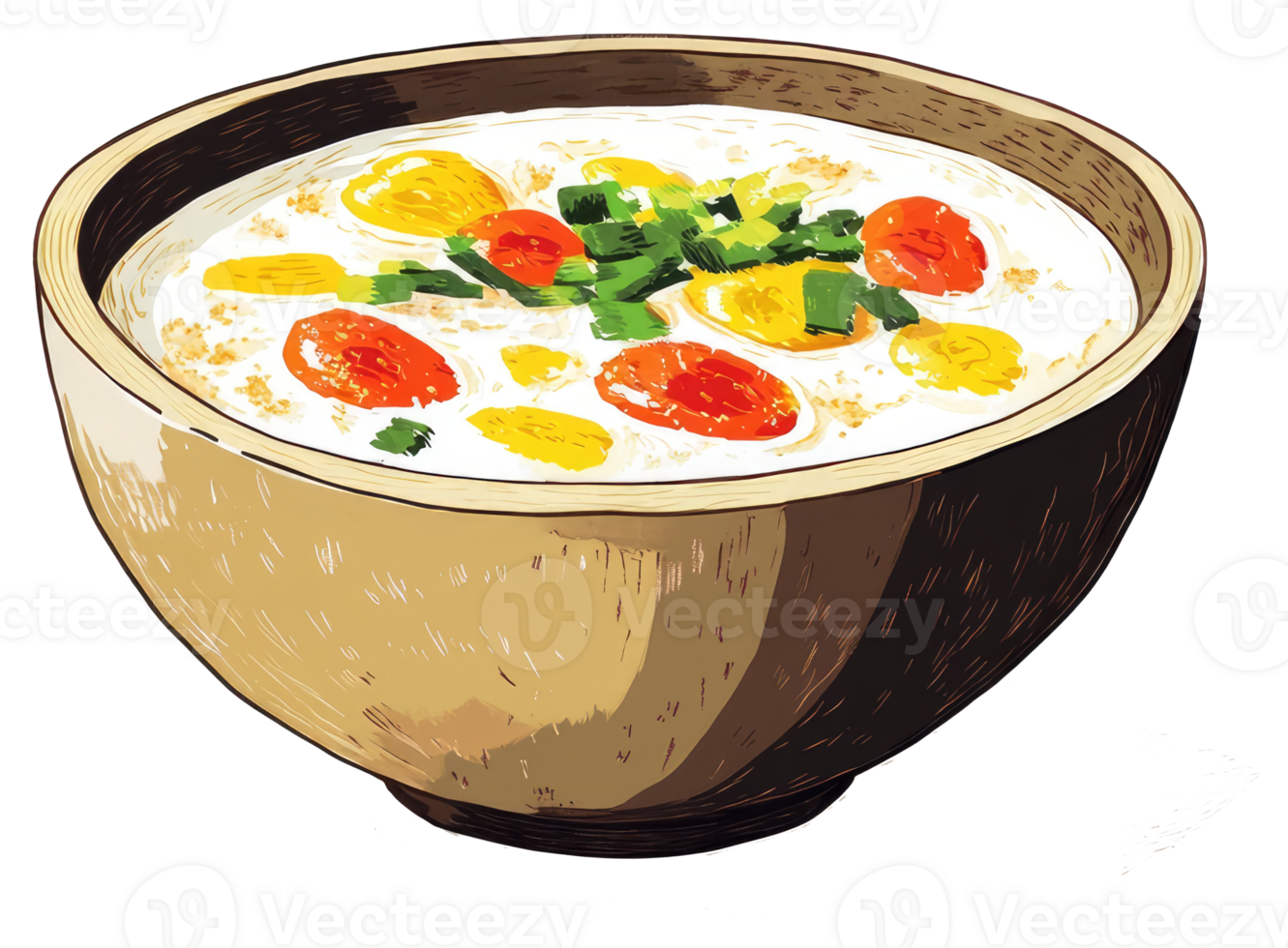 A drawing depicting a bowl of soup with vegetables png
