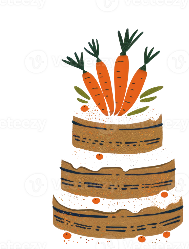 A delicious multi tiered cake with decorative fresh carrots on top png