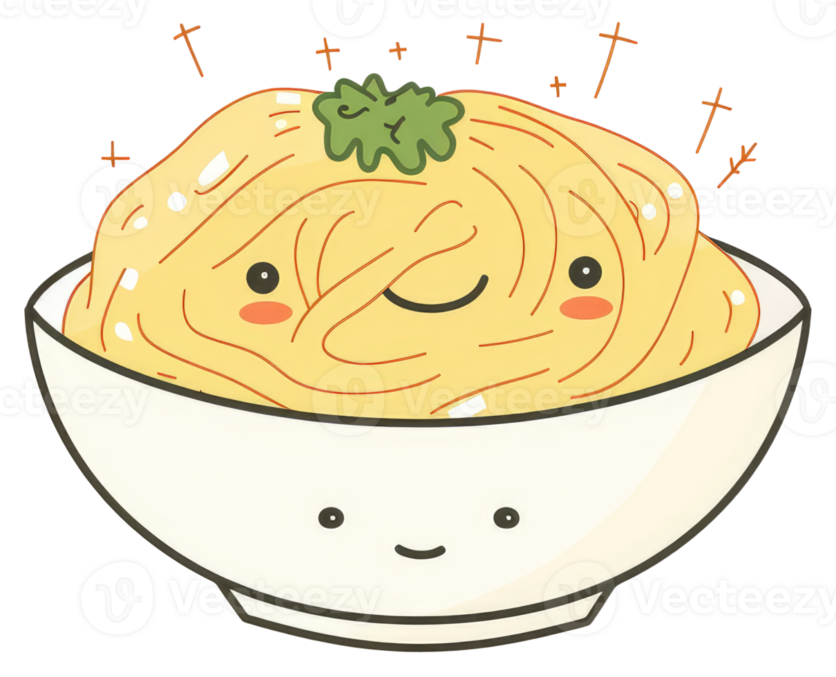 An adorable bowl of pasta with smiling face and embellishments png