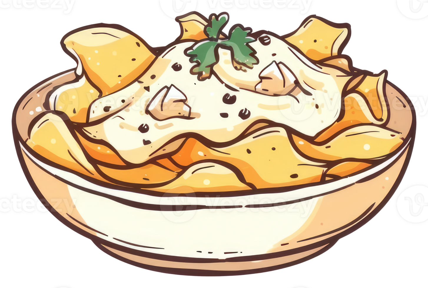 A bowl of tortilla chips with creamy white sauce and toppings png