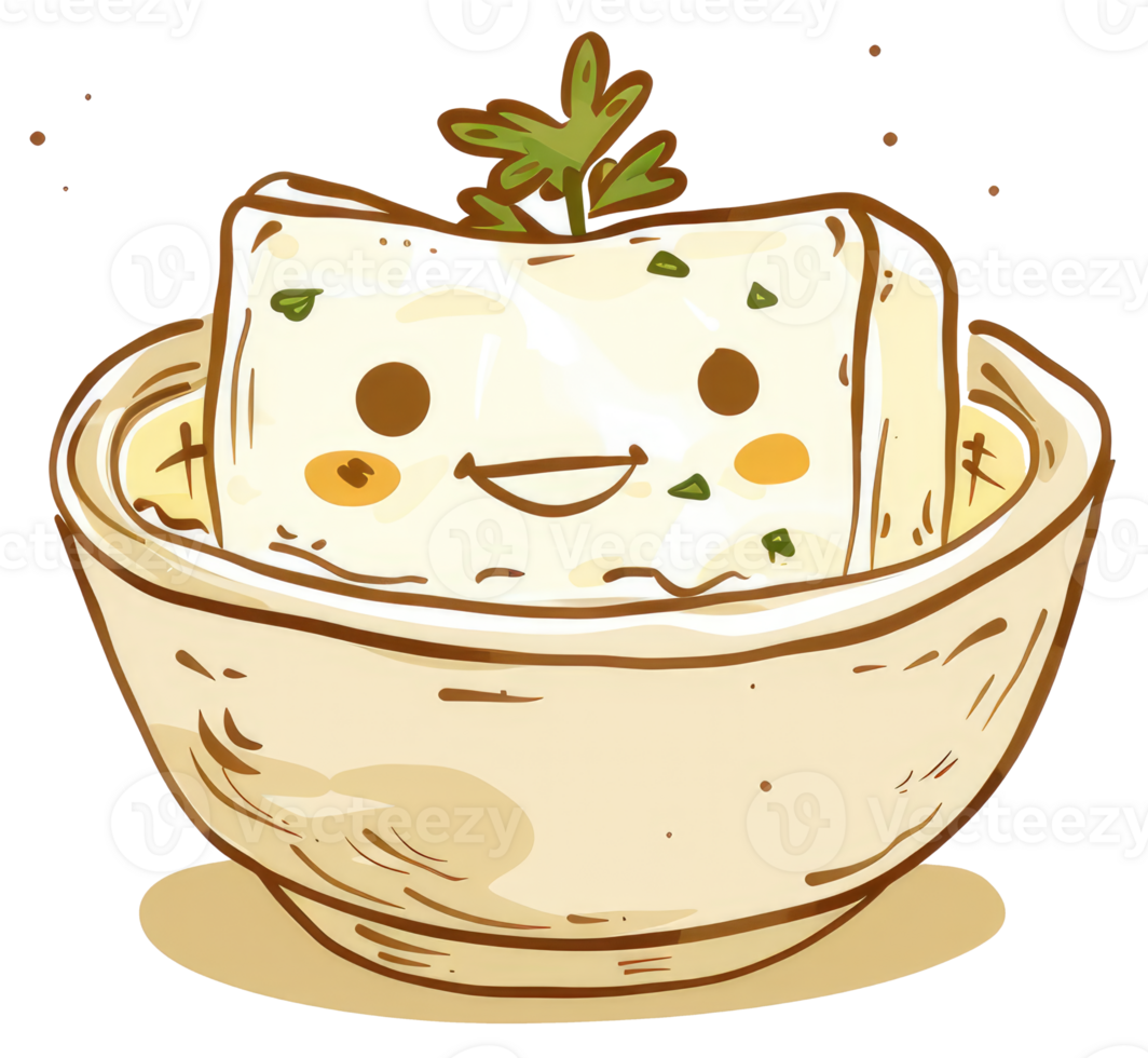 A happy cartoon tofu block resting in a decorative bowl png