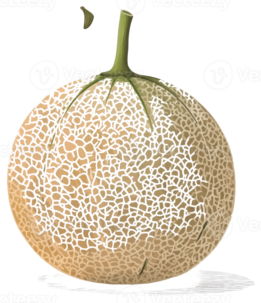 A realistic drawing shows a ripe melon with a green stem attached png