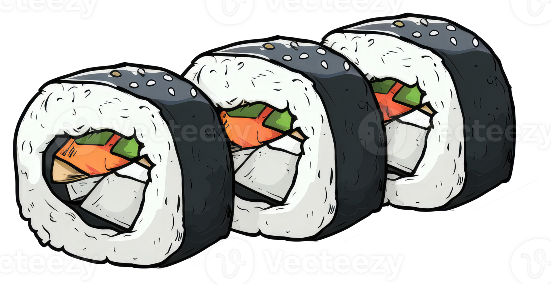 Three artistic sushi rolls featuring vegetable fillings and nori seaweed png
