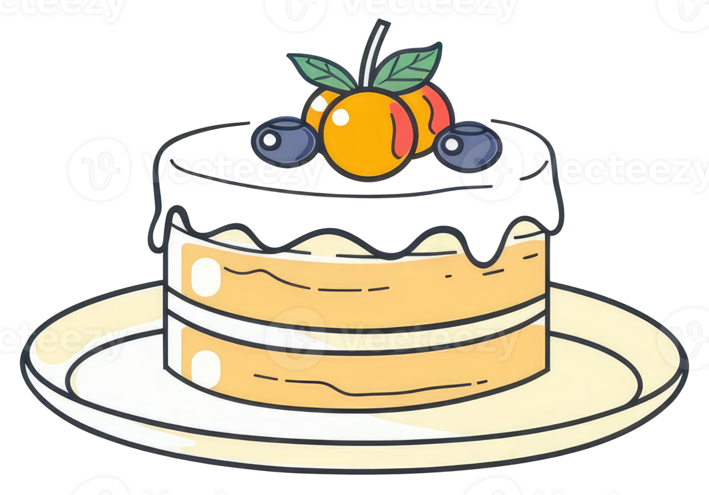 A delicious layered cake with frosting and fruit on top png