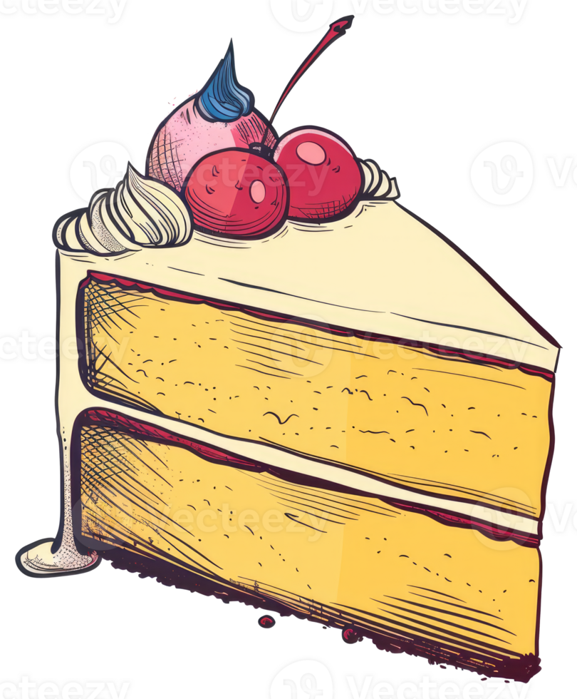 A delicious slice of cake topped with cherries and frosting png