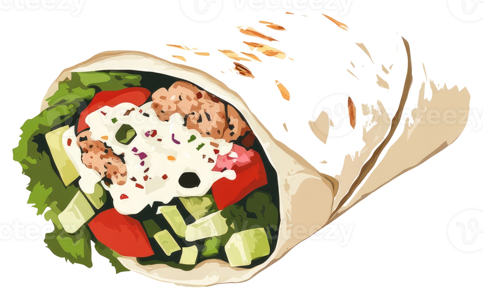 A rolled up tortilla filled with vegetables and protein png
