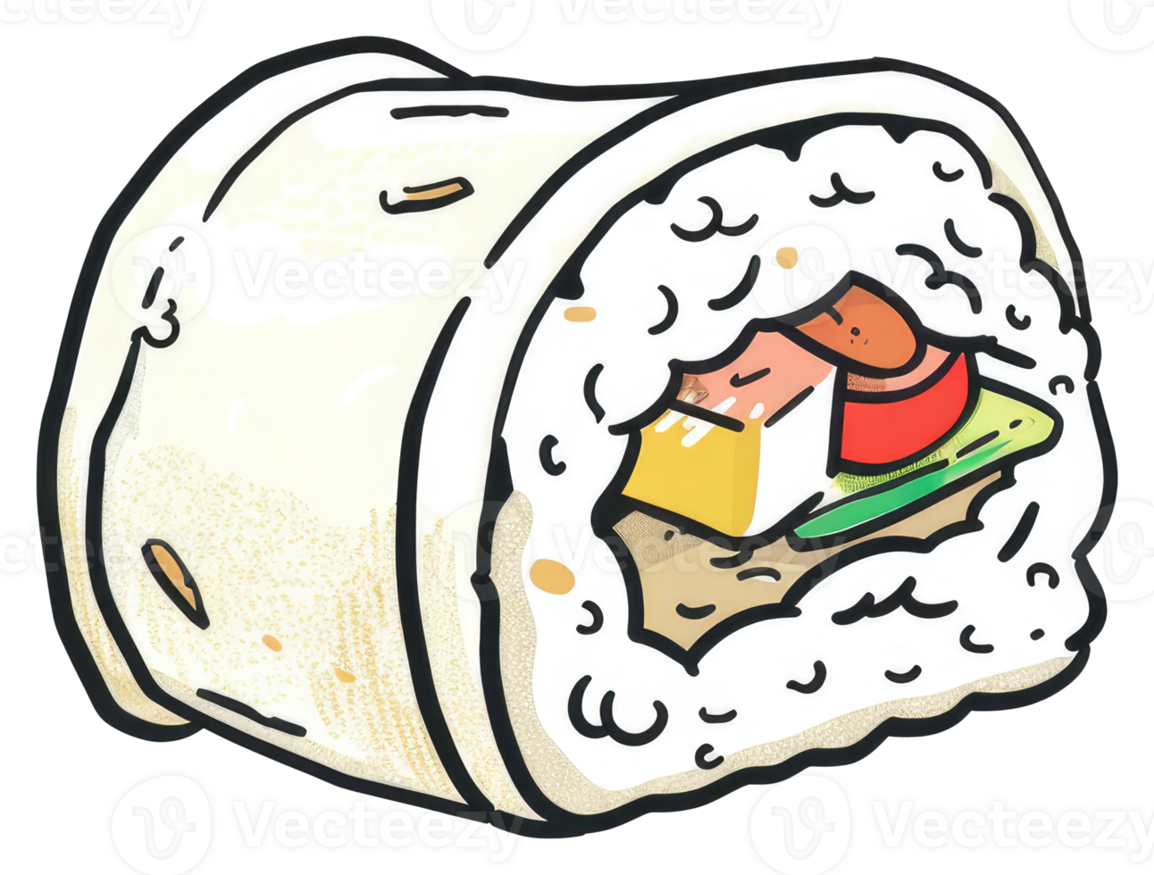 A colorful artistic illustration of a cut sushi roll with fillings png
