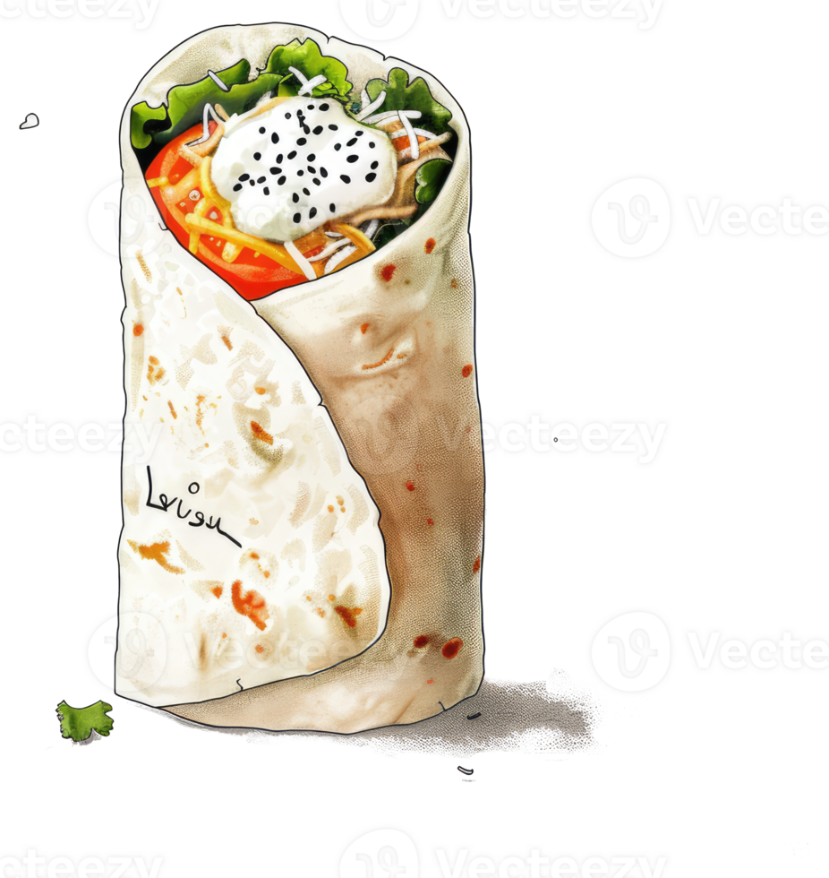 A fresh and delicious burrito filled with vegetables and sauce png